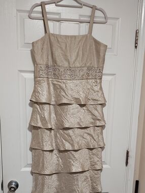 R&M Richards Beige Tiered Peplum Midi Dress with Jeweled Waistband, 57" Long